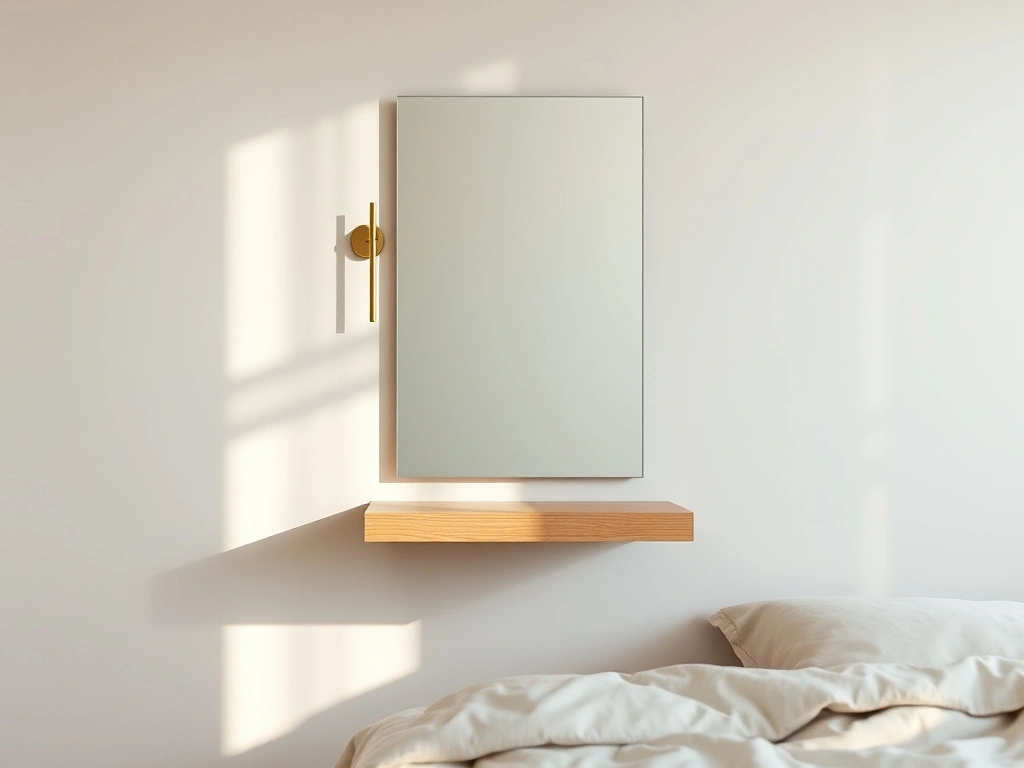 A minimalist bedroom, eye-level shot, . a sleek, wall-mounted floating nightstand made of warm white oak is positioned...