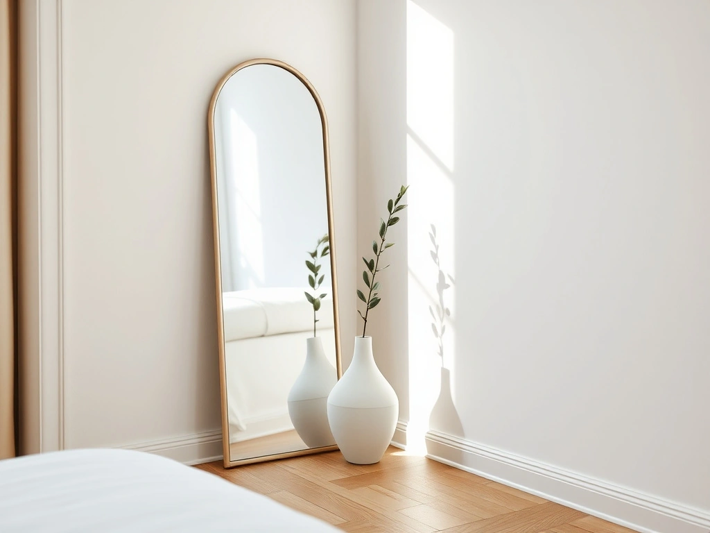 A sophisticated small bedroom corner. a tall, floor-standing frameless arched mirror is angled perfectly in the corner...
