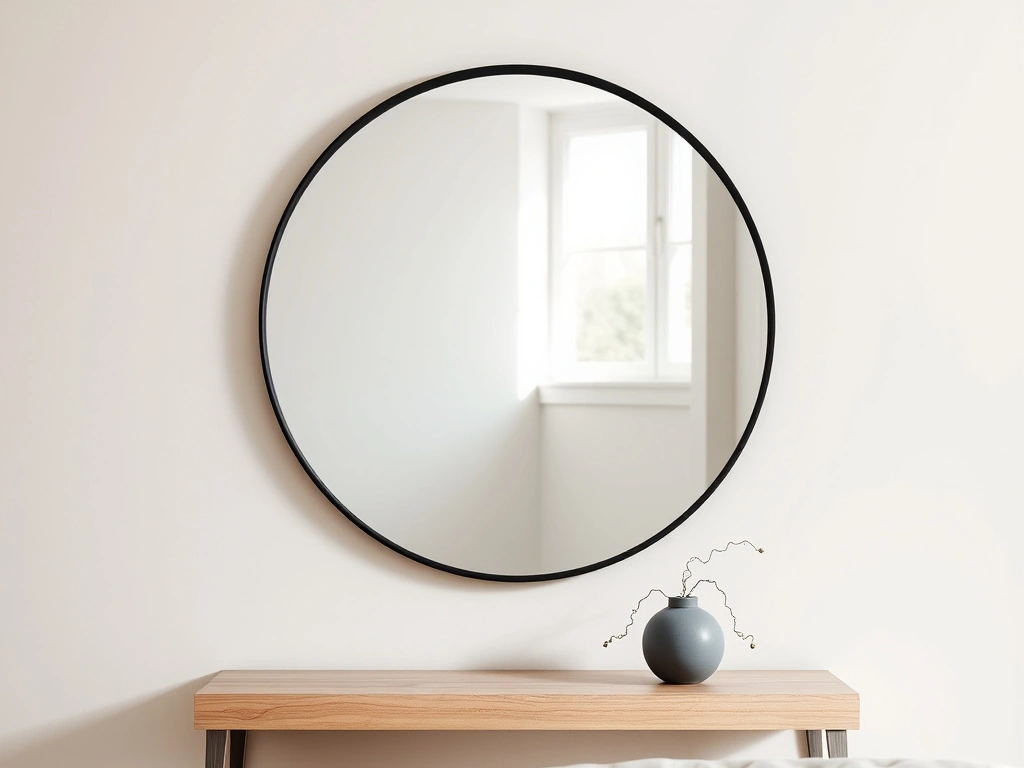 A serene scandi-style bedroom. a large, minimalist circular mirror with a thin, matte black frame is mounted on a clean...