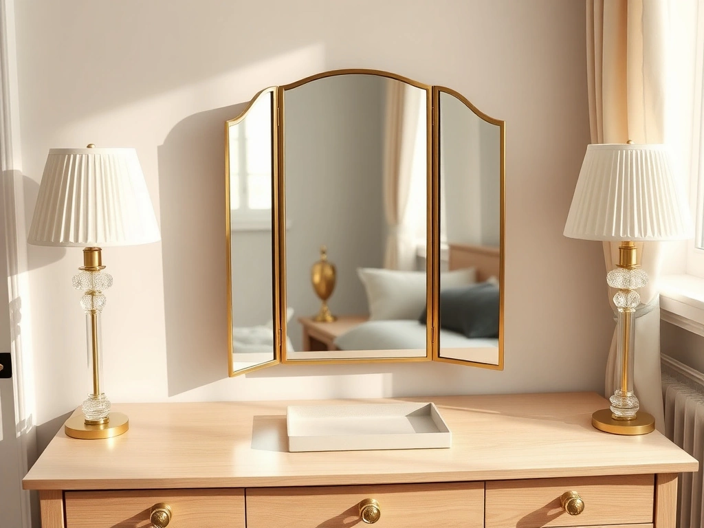 A luxurious dressing corner in a parisian-chic bedroom. a sophisticated, high-quality antique brass tri-fold vanity mirror...