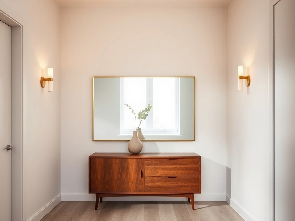 A narrow, sophisticated bedroom. a large, horizontal rectangular mirror with a slim, brushed brass frame is mounted centered...