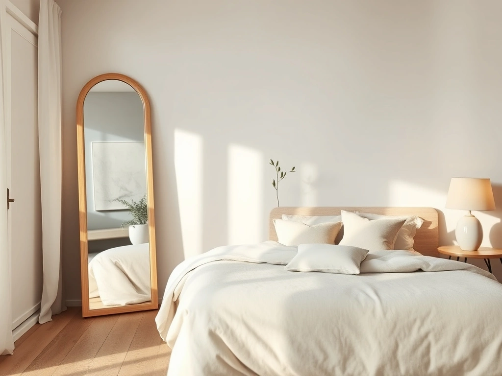 A serene, sanctuary-inspired bedroom. an elegant, large floor-standing mirror with a soft, organic arched frame made of...