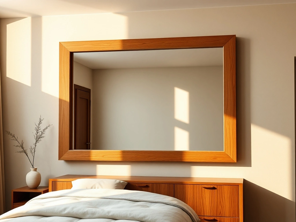 A sophisticated bedroom. a large, heavy-duty floor-to-ceiling mirror with a thick, robust solid oak frame is securely...