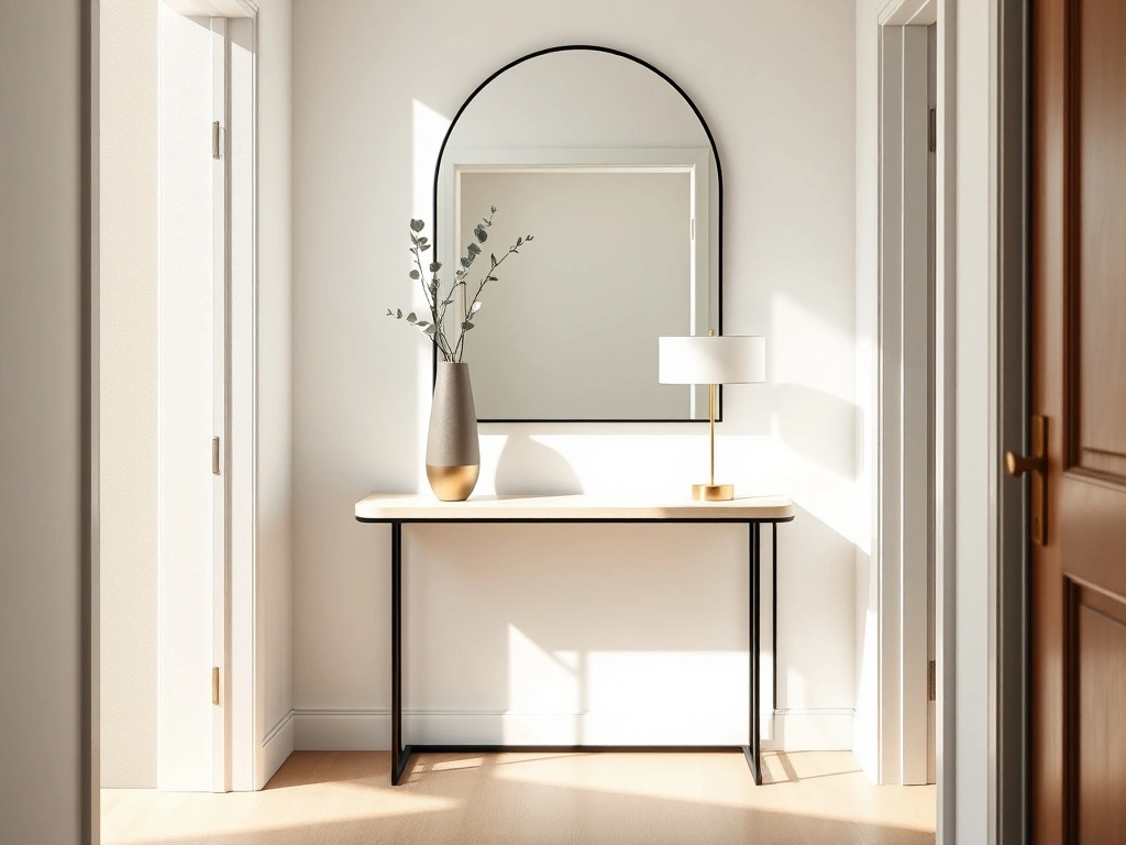 A narrow, elegant entryway featuring a slim-profile console table with a minimalist matte black metal frame and a thin white...