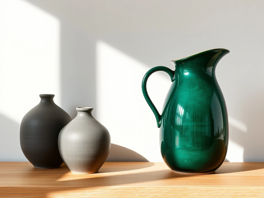 A minimalist console table styling, featuring a curated collection of artisanal clay pottery. a set of three matte...