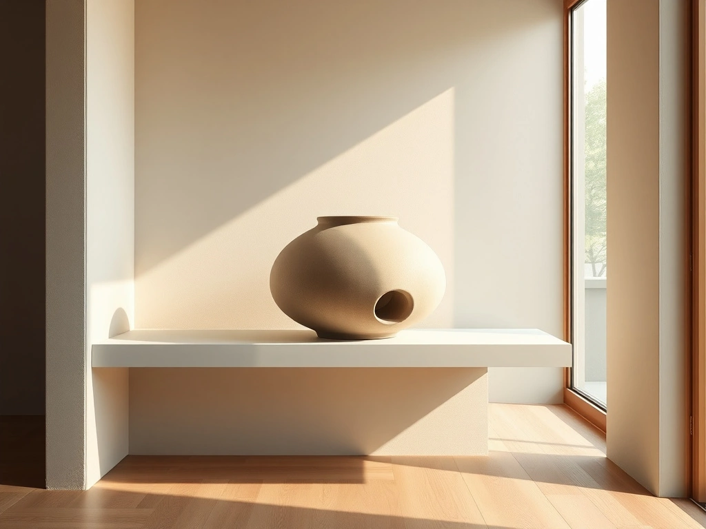 A minimalist entryway, featuring a large, hand-thrown raw clay vessel with subtle, hand-pressed indentations placed as a...