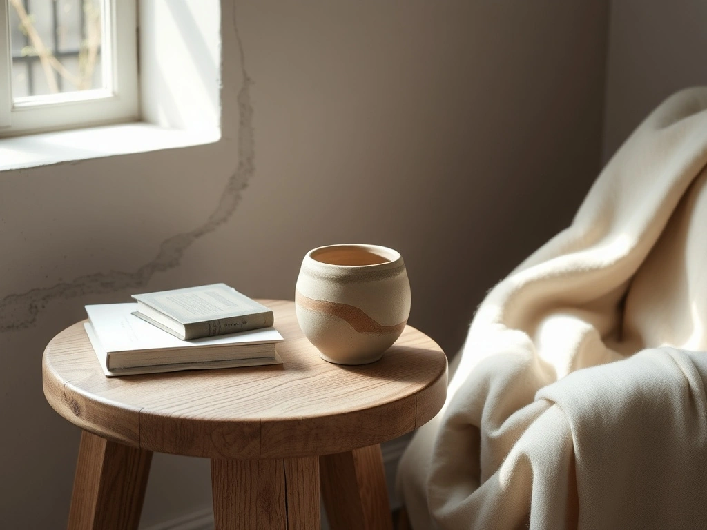 A serene reading nook featuring a single, uniquely hand-thrown clay vessel with a slightly asymmetrical rim and visible...