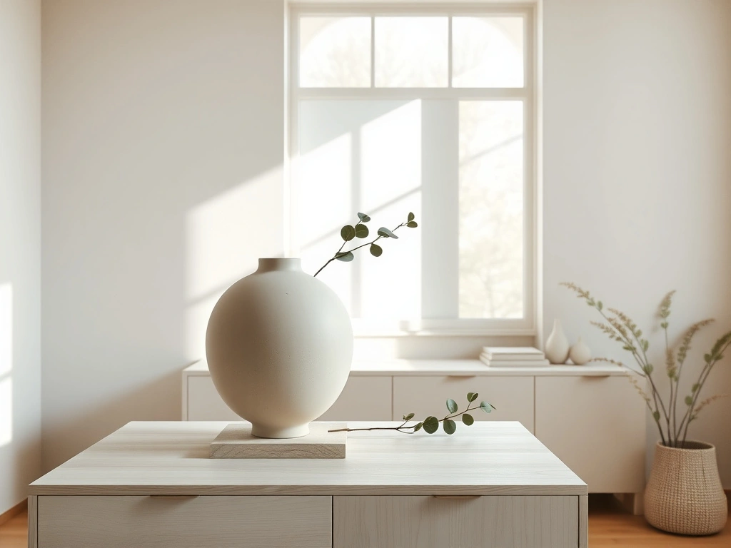 A minimalist scandinavian living space, featuring a single, large, sculptural clay vase with a soft, rounded form and a...