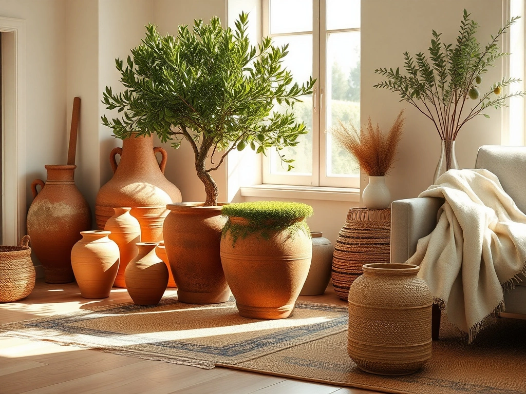 A sun-drenched bohemian living room corner. a collection of large, aged terracotta urns and weathered clay pots of varying...