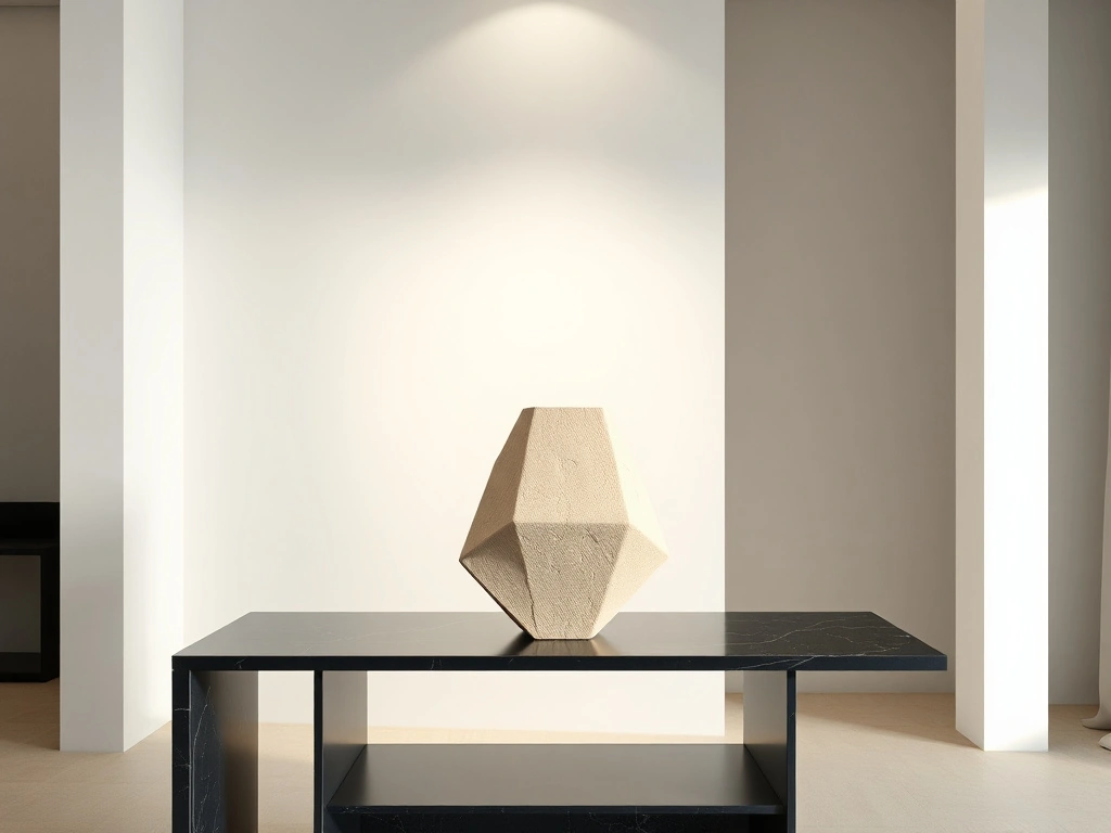A minimalist modernist living space. a single, large, architectural raw clay vessel with sharp, brutalist-inspired geometric...