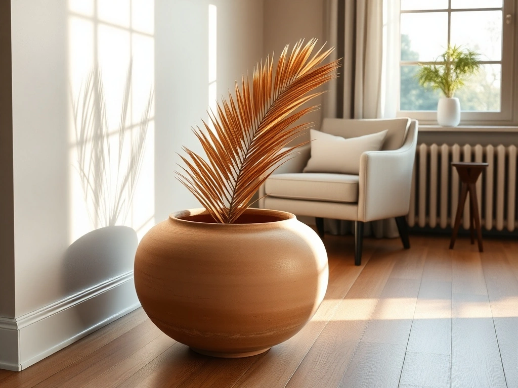 A sophisticated living room corner featuring a large, hand-thrown raw clay floor vessel in a muted terracotta finish. the...