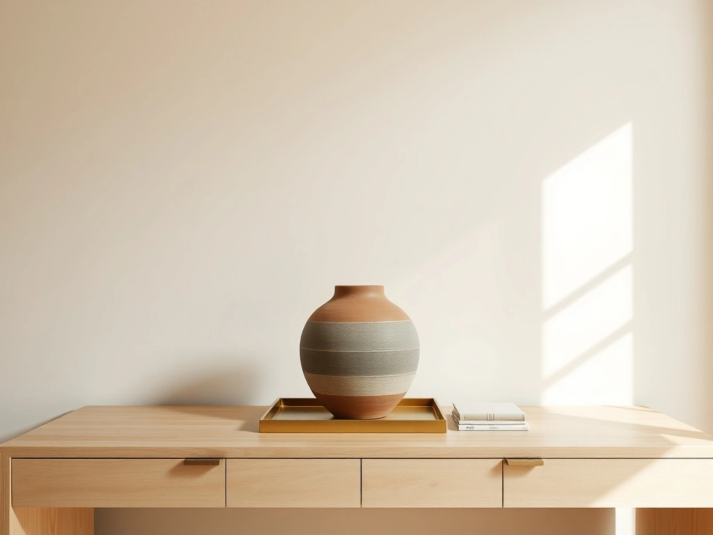 A minimalist console table styling. a single, large, hand-thrown iron-rich clay vessel with a textured, matte finish sits as...