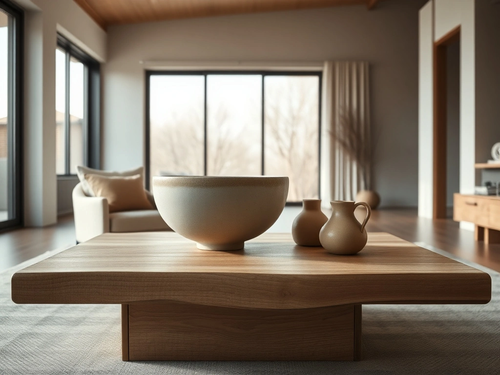 A serene japandi living space. a single, wide-rimmed, hand-thrown clay bowl with a matte, imperfect eggshell glaze sits as a...