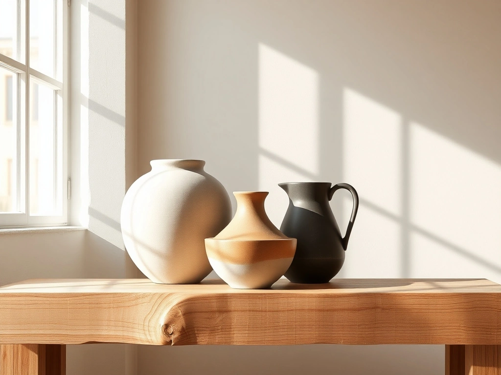 A curated collection of artisanal clay pottery arranged on a reclaimed white oak console table. the composition features a...