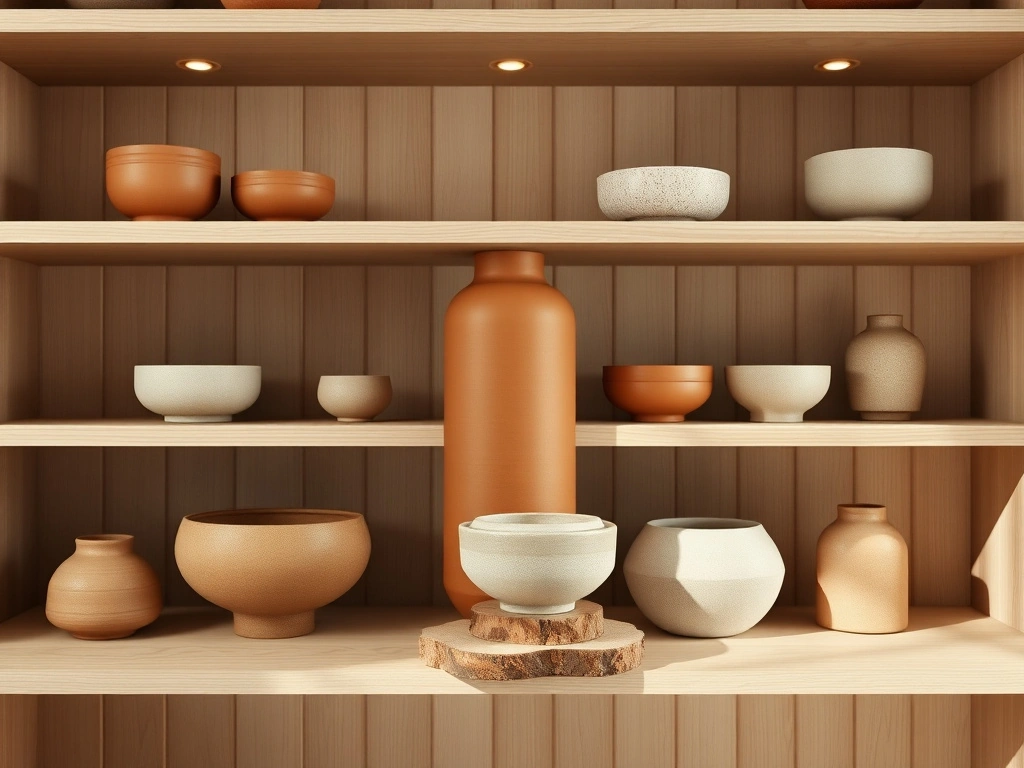 A curated open shelving unit featuring a collection of artisan clay pottery. the arrangement follows professional styling...