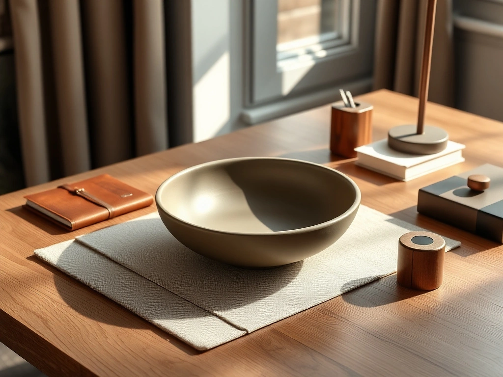 A sophisticated home office desk, featuring a wide, shallow, hand-crafted matte clay bowl used as an elegant organizer for...
