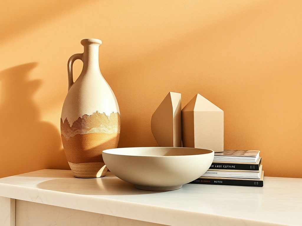 An editorial shot of a styled console table vignette showcasing a mix of vintage and modern clay pottery. on a light...