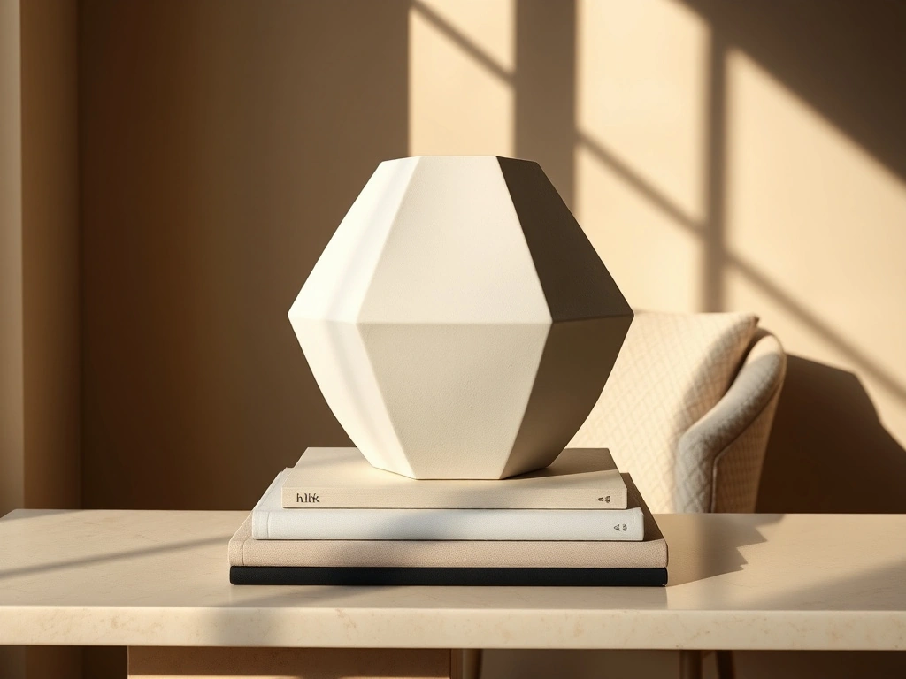 Professional eye-level a single large sculptural geometric clay vessel with sharp-edged stepped pyramid facets, matte...
