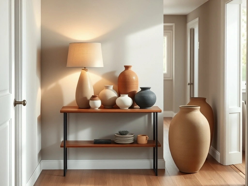 A sophisticated transitional hallway. a slim, minimalist walnut console table sits against a plaster-finished wall, styled...