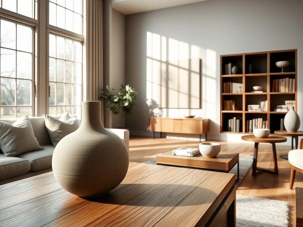 A sophisticated living room featuring a curated collection of stone-fired clay pottery with a consistent matte, sandy...