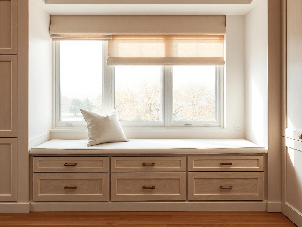 A luxurious bedroom window seat, . the window seat features a custom-built, seamless cabinetry base with three large, deep...