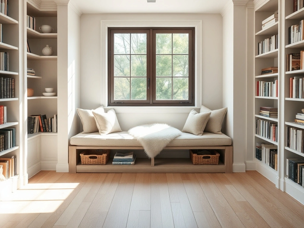 A sophisticated reading nook featuring a high-quality, long upholstered bench with a solid white oak base placed perfectly...
