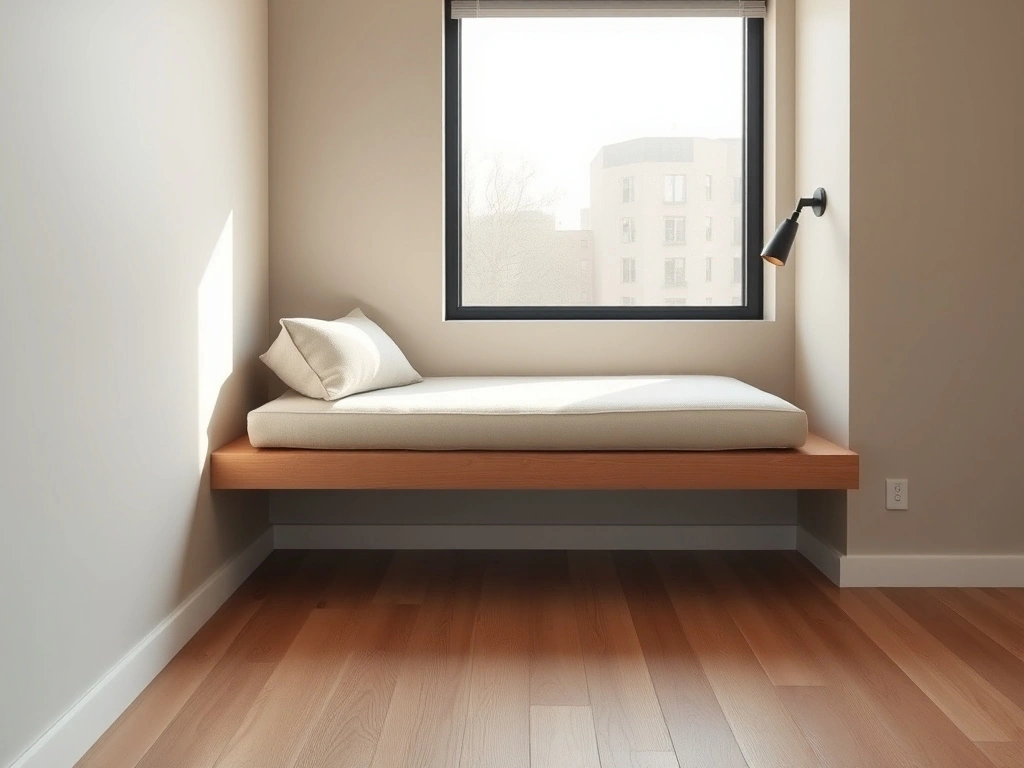 A sleek, minimalist window seat in a modern urban apartment. the window seat features a floating design, with a base...