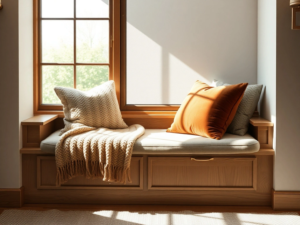 A luxurious, bespoke window seat nook. the scene features a custom white oak built-in bench topped with a thick...