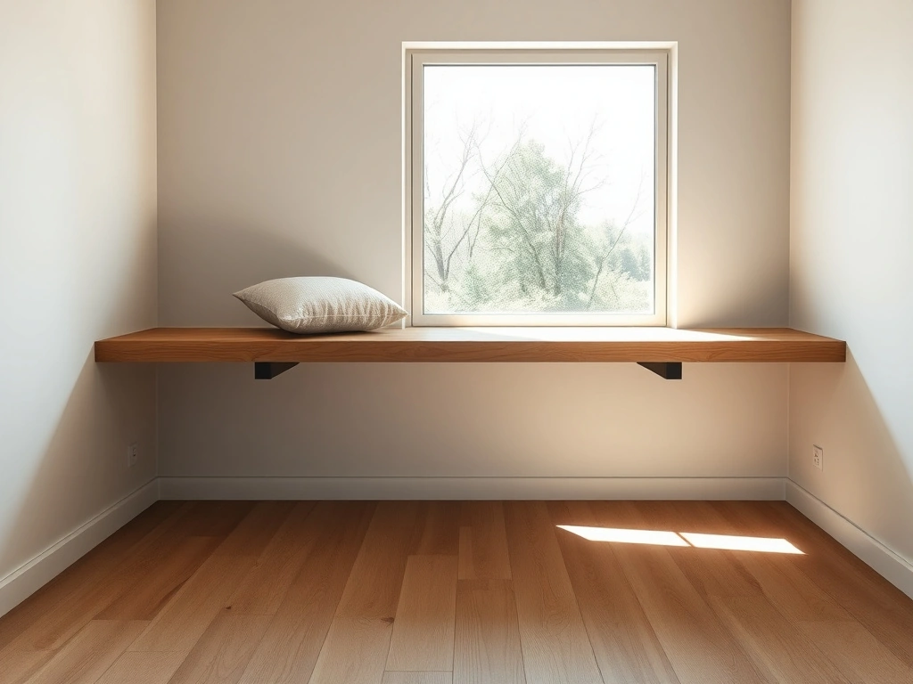 A minimalist bedroom featuring a bespoke floating window seat mounted beneath a large, floor-to-ceiling window. the bench is...