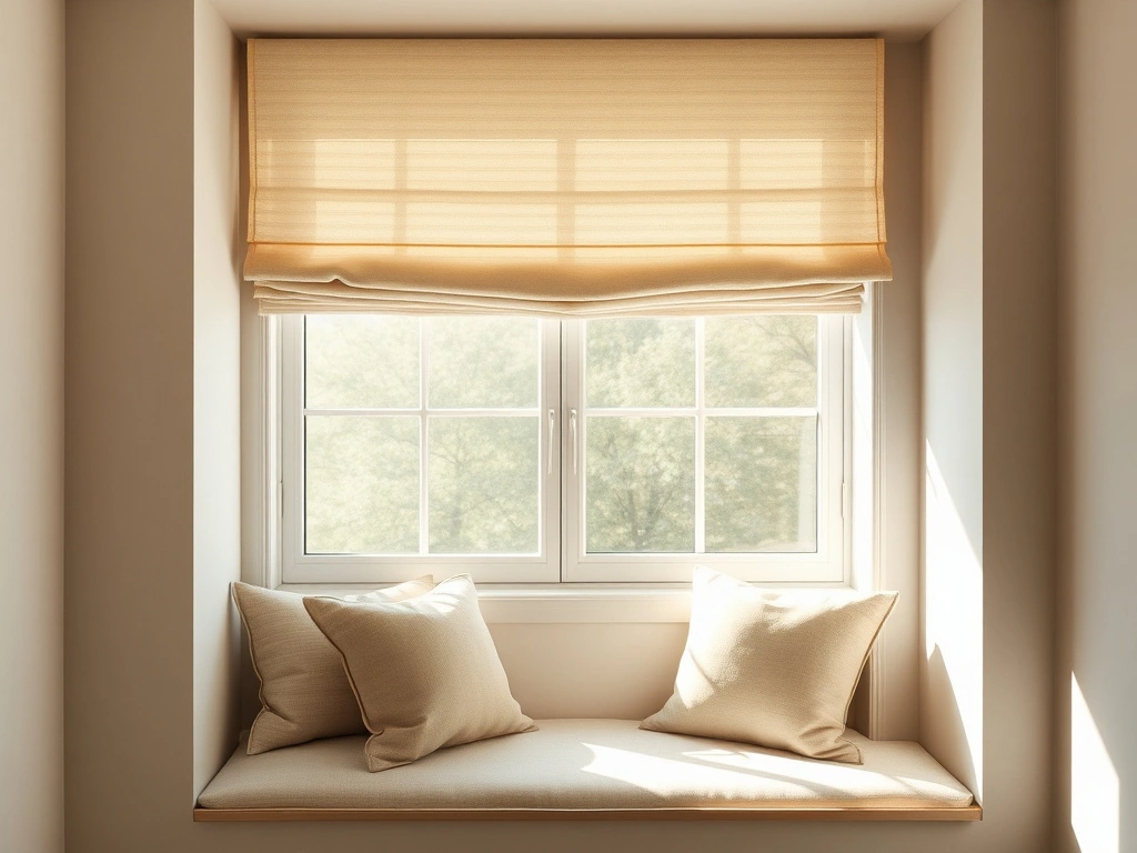 A luxurious, serene window seat nook. a crisp, high-mounted roman shade made of premium off-white cotton-linen blend fabric...