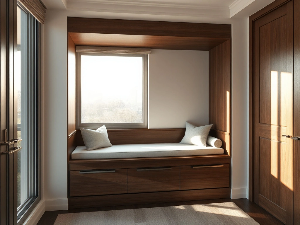 A sophisticated window seat featuring a seamless lift-top lid design, luxury residential interior design, , custom-built...