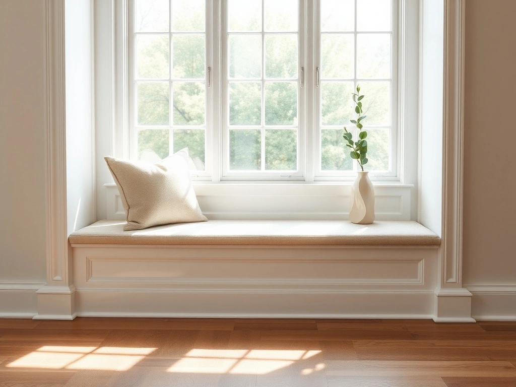 A custom-built window seat designed as a seamless architectural extension of the room. the bench base is painted in a crisp...