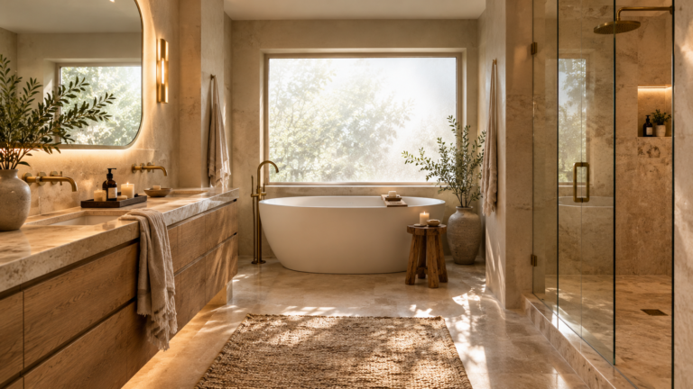 Cozy bathroom with warm oak vanity, natural stone, soft lighting, and a freestanding tub