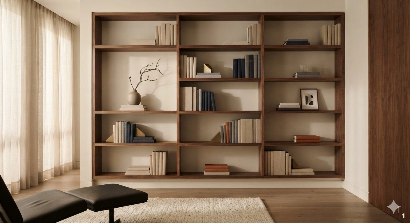 Professional architectural of a sophisticated, high-end living room featuring a custom floor-to-ceiling walnut bookshelf...