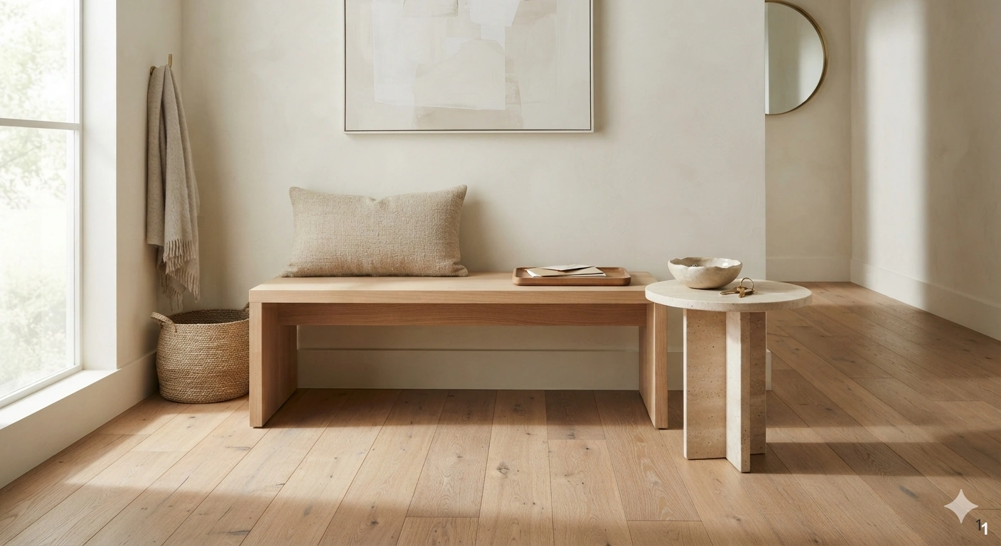 Professional architectural of a serene, minimalist entryway designed for a 'slow entry' transition. a low-profile, solid...