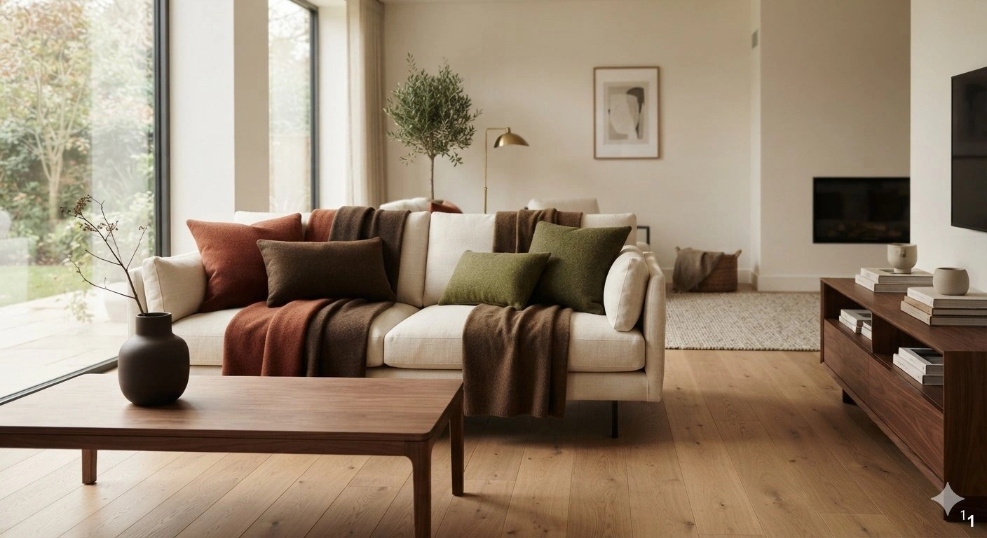 Professional architectural of a refined modern living room. the space features a cream-colored linen sofa layered with...