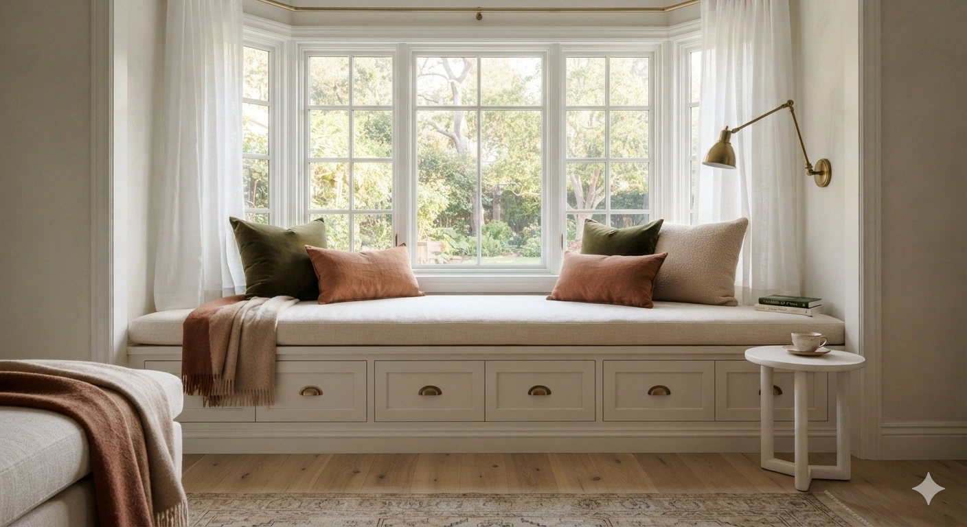 Deep-Seated Bay Window Bench with Integrated Drawers - Reading Nook Benches Ideas