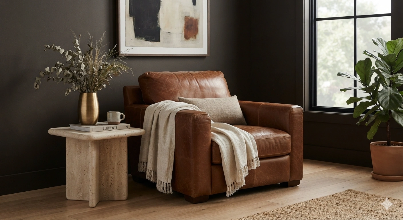 An editorial interior photograph of a sophisticated living room corner. the focal point is a warm charcoal-black accent wall...