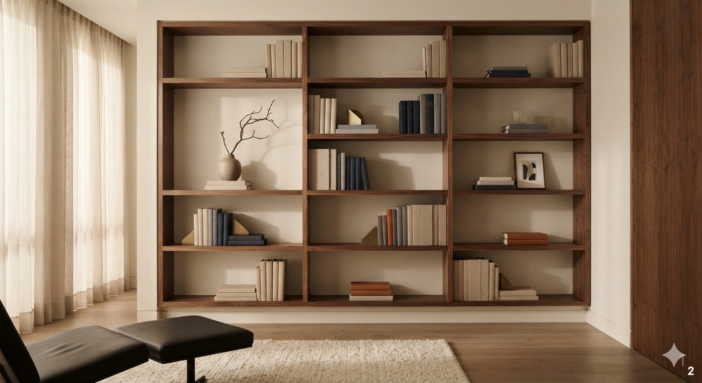 Professional architectural of a sophisticated home library wall featuring floor-to-ceiling custom matte-black shelving. the...