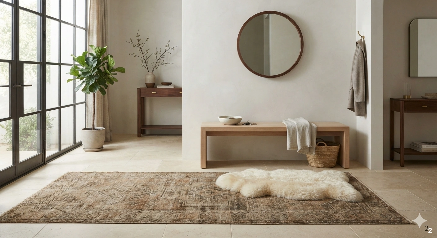 Professional architectural of a sophisticated, cozy entryway. the floor features a large, durable, low-pile vintage-inspired...