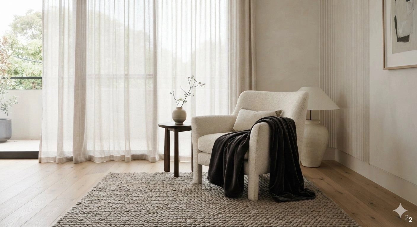 Professional architectural of a sophisticated, serene living space corner. a high-end linen-upholstered accent chair sits...