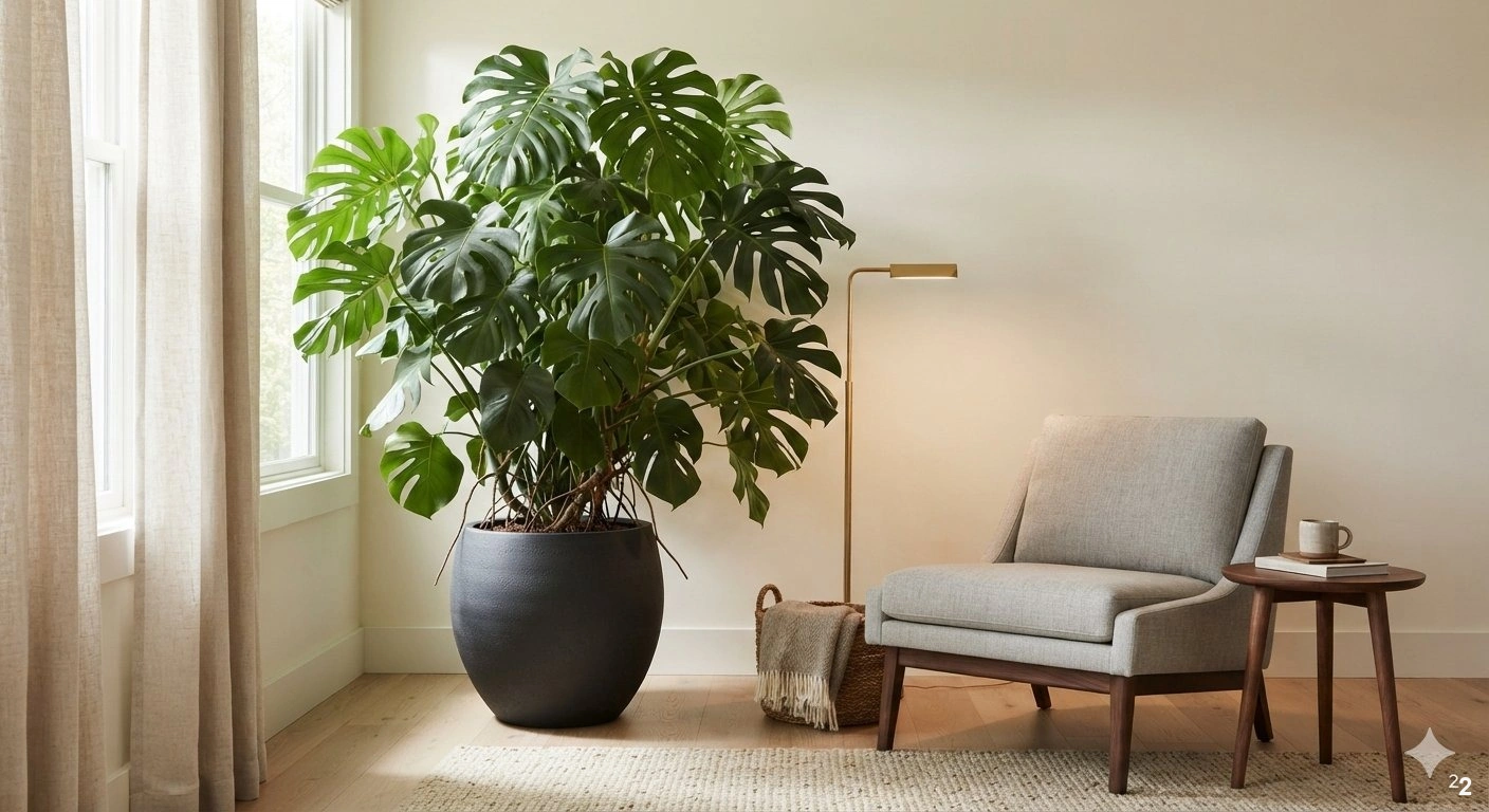 Professional architectural of a sophisticated living room corner. a massive, mature monstera deliciosa with deep green...