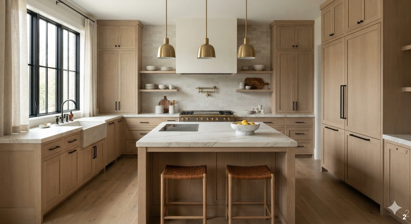 Professional architectural interior photograph of a high-end contemporary kitchen featuring a perfect work triangle layout...