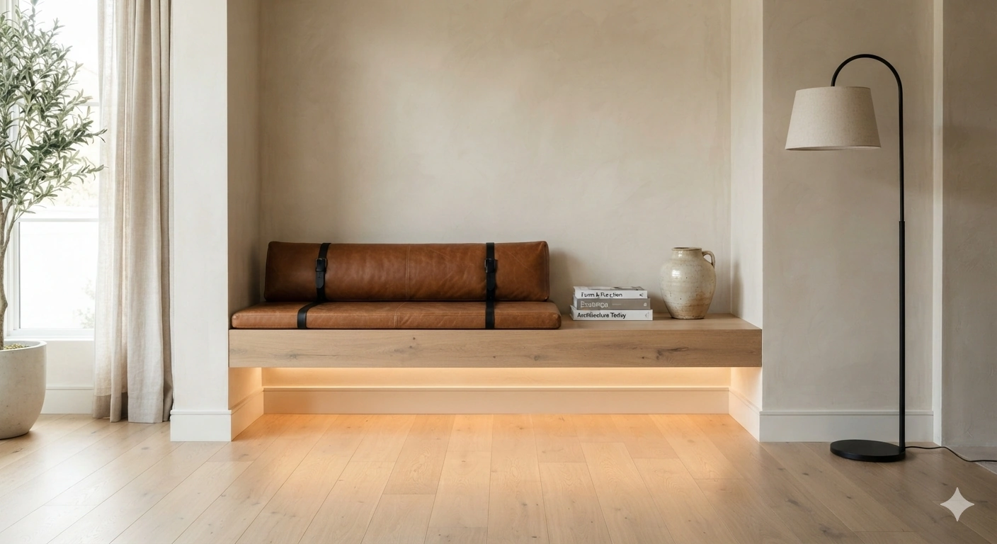 An eye-level architectural interior photograph of a modern alcove featuring a thick, floating solid white oak bench with a...