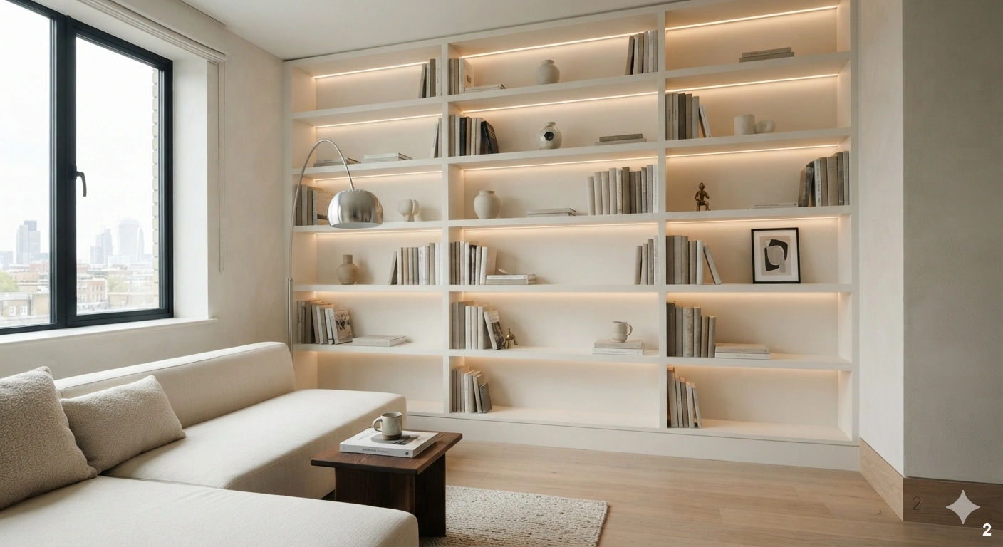 Professional architectural of a sophisticated, compact urban living room featuring a wall-to-wall, floor-to-ceiling custom...