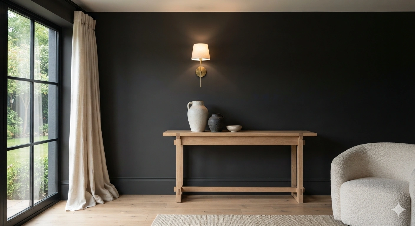 An editorial interior photograph of a sophisticated living room featuring a seamless warm black accent wall painted in a...