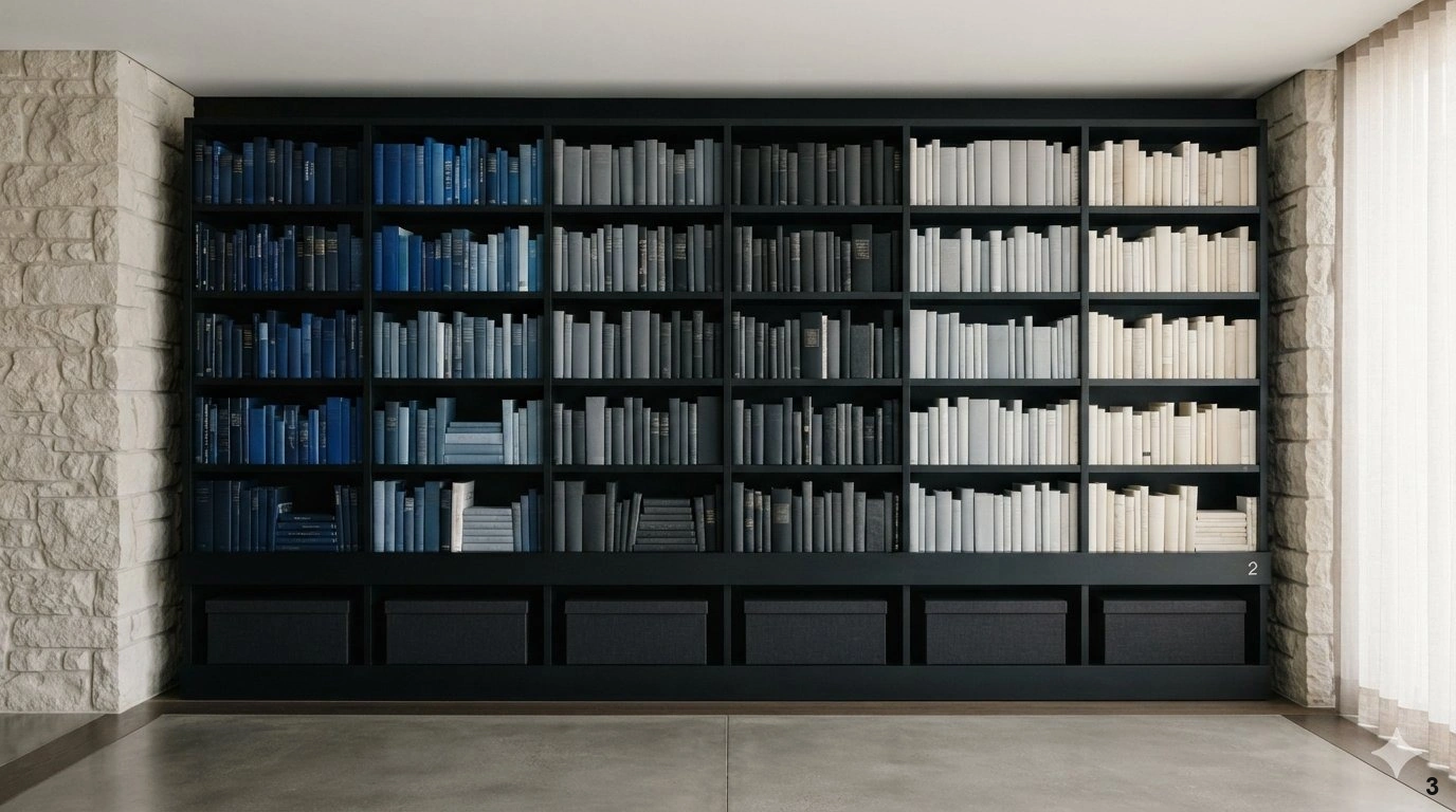 Professional architectural of a sophisticated floor-to-ceiling built-in walnut bookshelf in a formal living room. the...