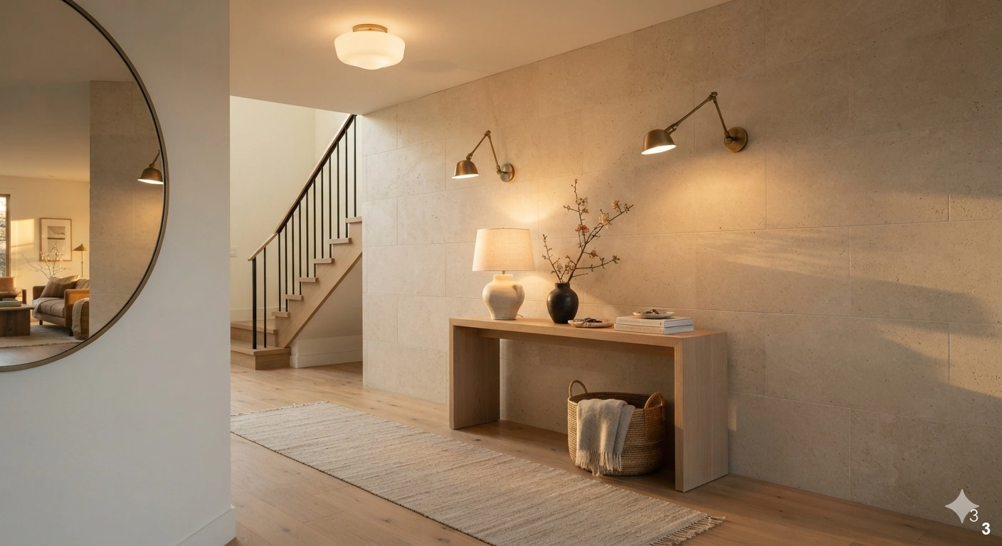 Professional architectural of a cozy, modern entryway. the scene features a slim white oak console table topped with a...