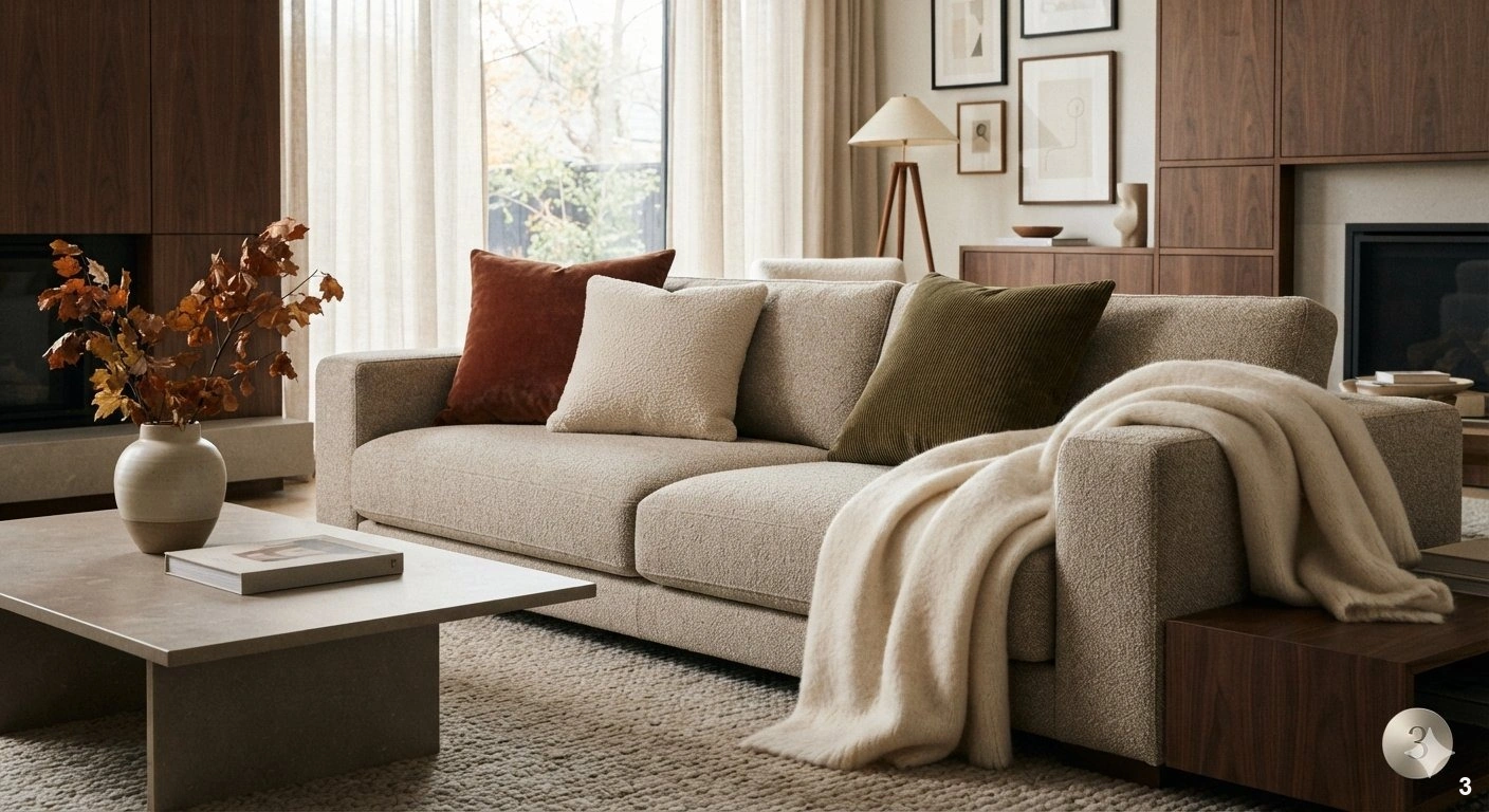Professional architectural of a sophisticated, modern living room transitioning for the cooler months. the focal point is a...