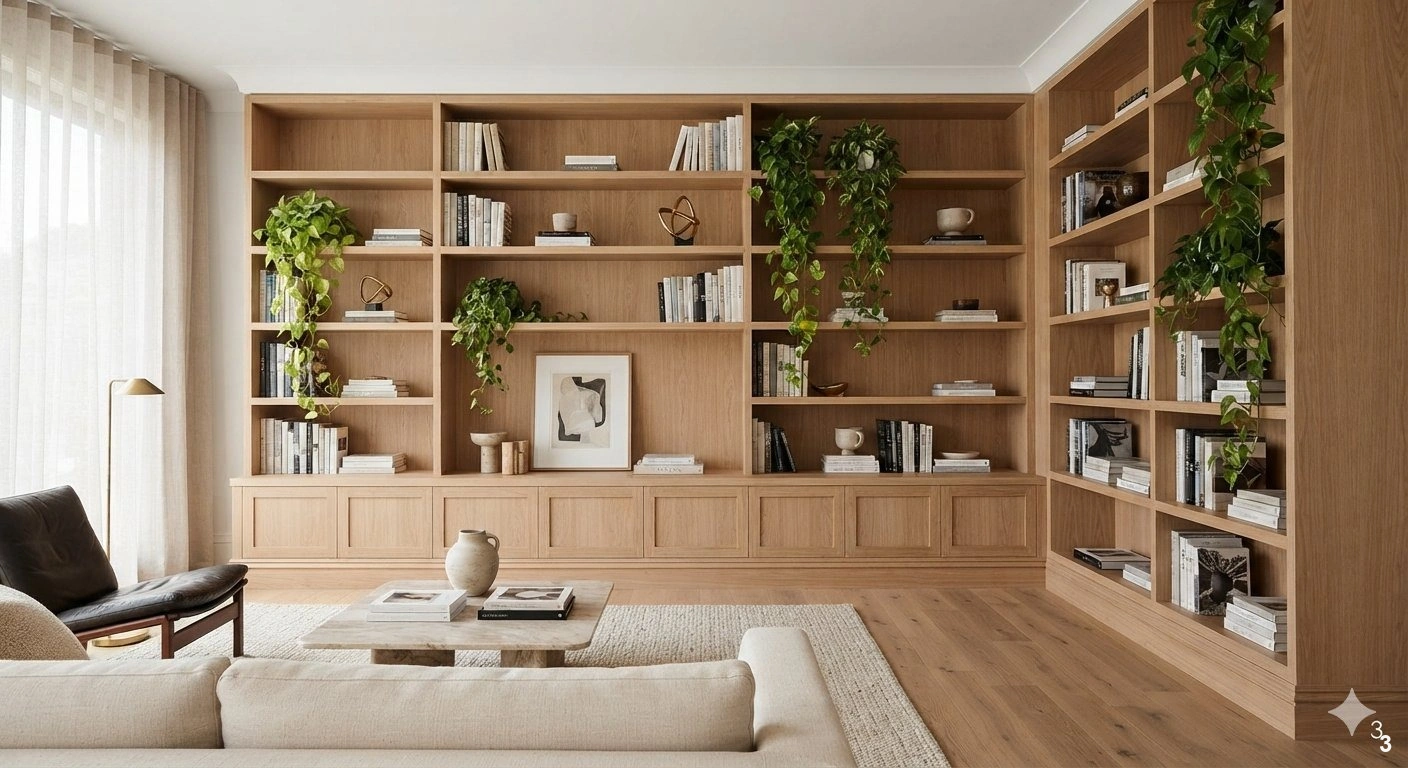 Premium architectural of a sophisticated living room featuring bespoke floor-to-ceiling light oak bookshelves. the shelves...
